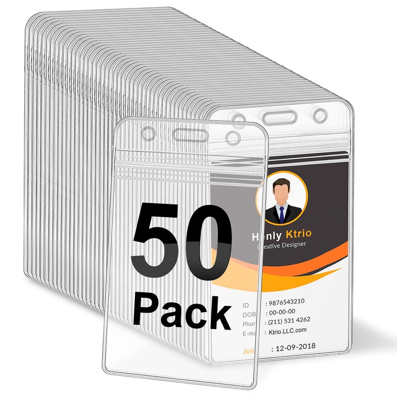KTRIO 50 Pack ID Badge Holder - Vertical Clear Badge Holder with Waterproof Resealable Zip for ID Cards, Proximity Cards, RFID, Credit Cards - Image 1